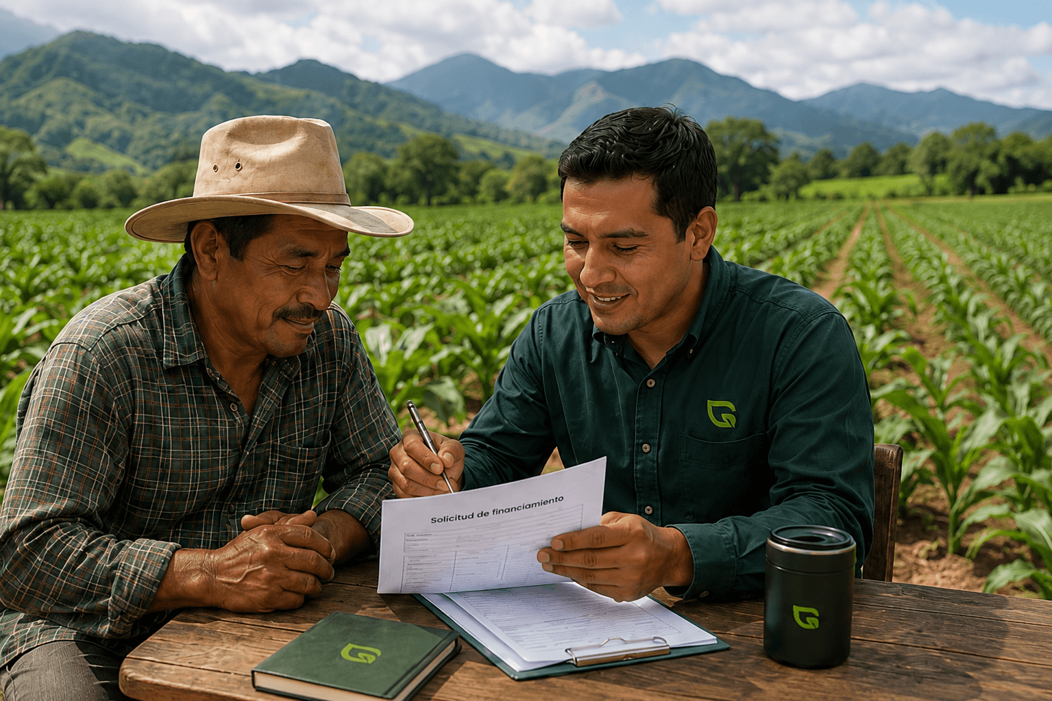 Productor agrícola recibiendo orientación de financiamiento GreenBel en el campo